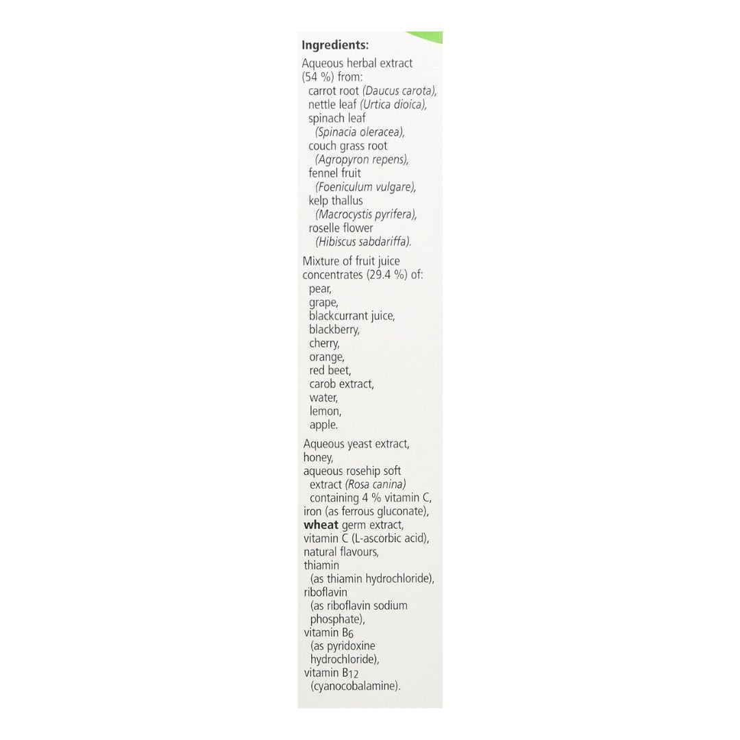 Salus Haus Floradix Liquid Vitamin 500ml ingredients list from packaging on a white background
