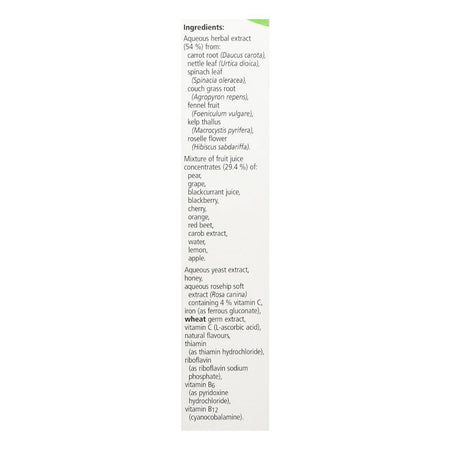 Salus Haus Floradix Liquid Vitamin 500ml ingredients list from packaging on a white background