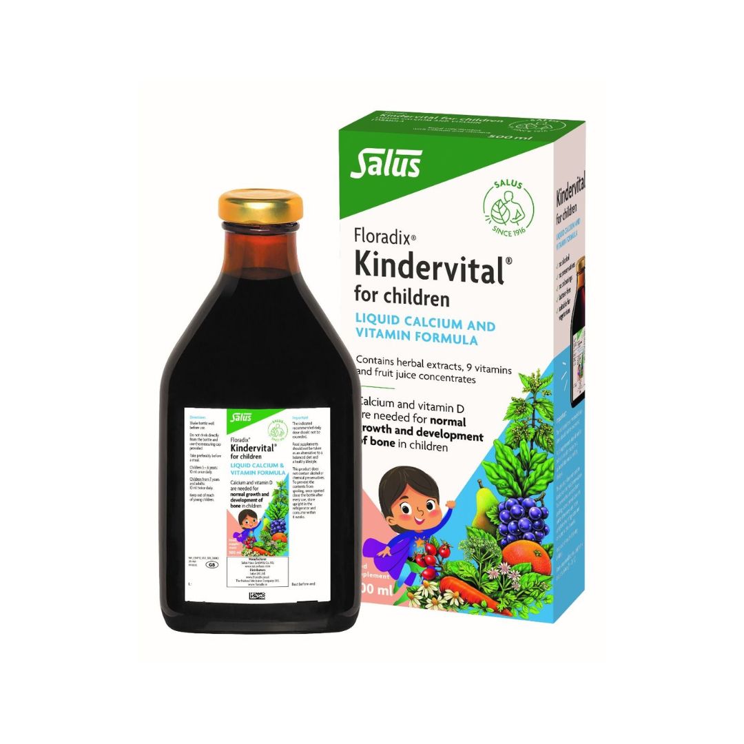 Floradix Kindervital liquid bottle and box on a white background