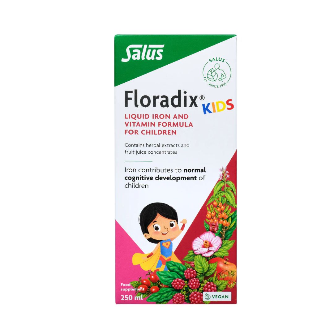 Salus Floradix Kids liquid iron and vitamin formula packaging on a white background