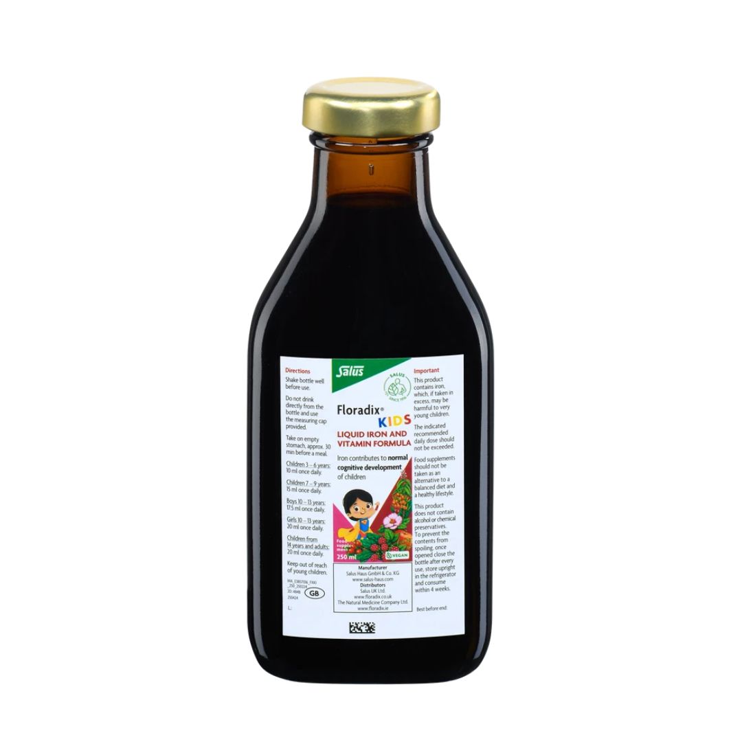 Bottle of Floradix Kids liquid multivitamin on a white background