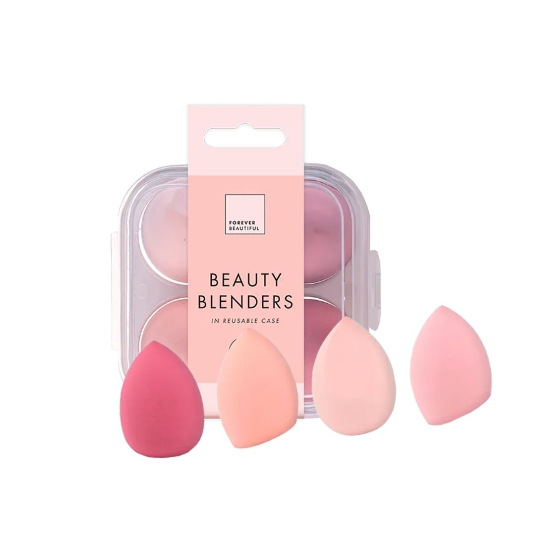 Forever Beautiful Beauty Blenders packaging and blenders on a white background