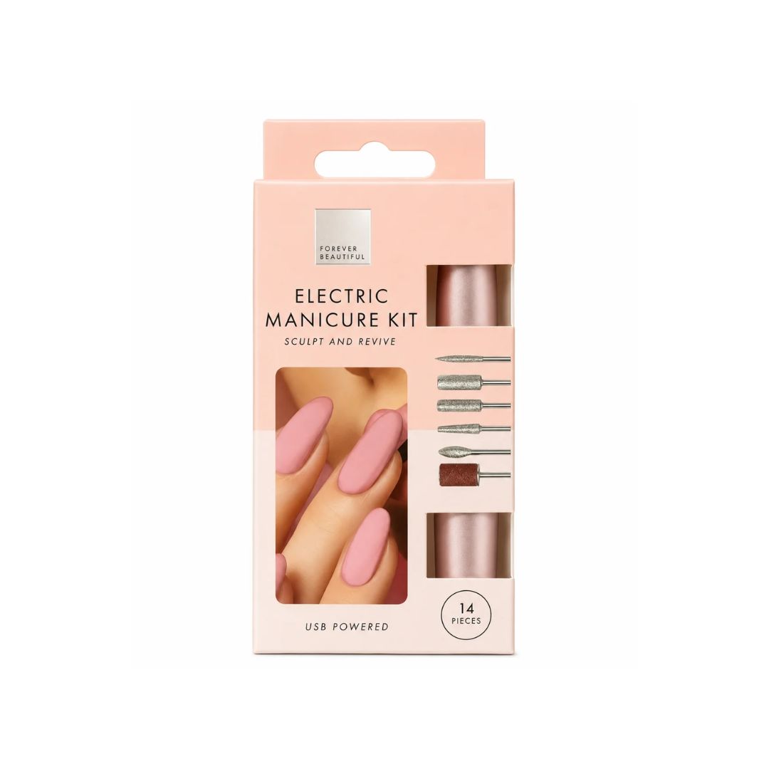 A boxed electric manicure kit on a plain white background. The packaging is pale blush pink with a clear window showing a rose-gold manicure device and several metal nail tool attachments.