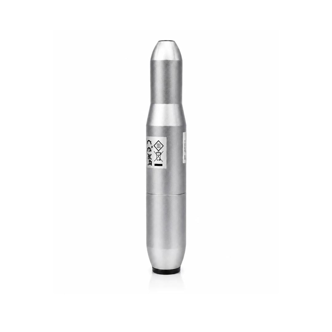 A metallic silver cylindrical device with a pointed top and a small black circular base, shown upright on a plain white background. A small label with symbols is visible on the front.