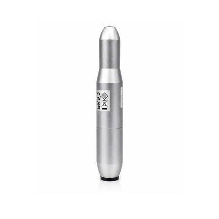 A metallic silver cylindrical device with a pointed top and a small black circular base, shown upright on a plain white background. A small label with symbols is visible on the front.