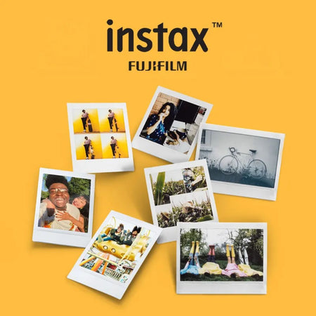 Fujifilm Instax Mini Instant Film promotional graphic on a yellow background