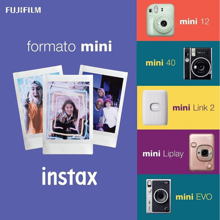 Fujifilm Instax Mini Instant Film product information onmulticoloured background