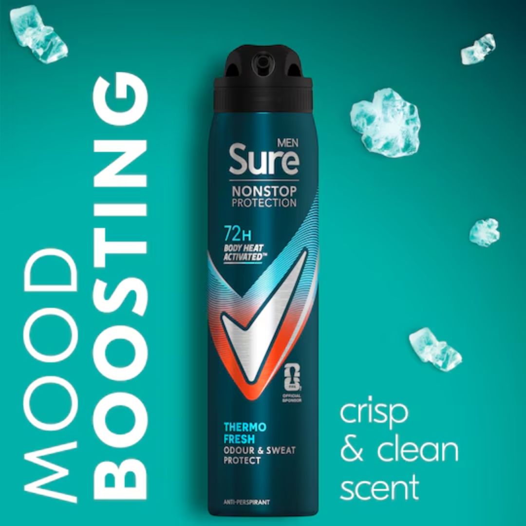 Sure Men Thermo Fresh 72H Anti-Perspirant 250ml on a teal background with the caption 'MOOD BOOSTING' 