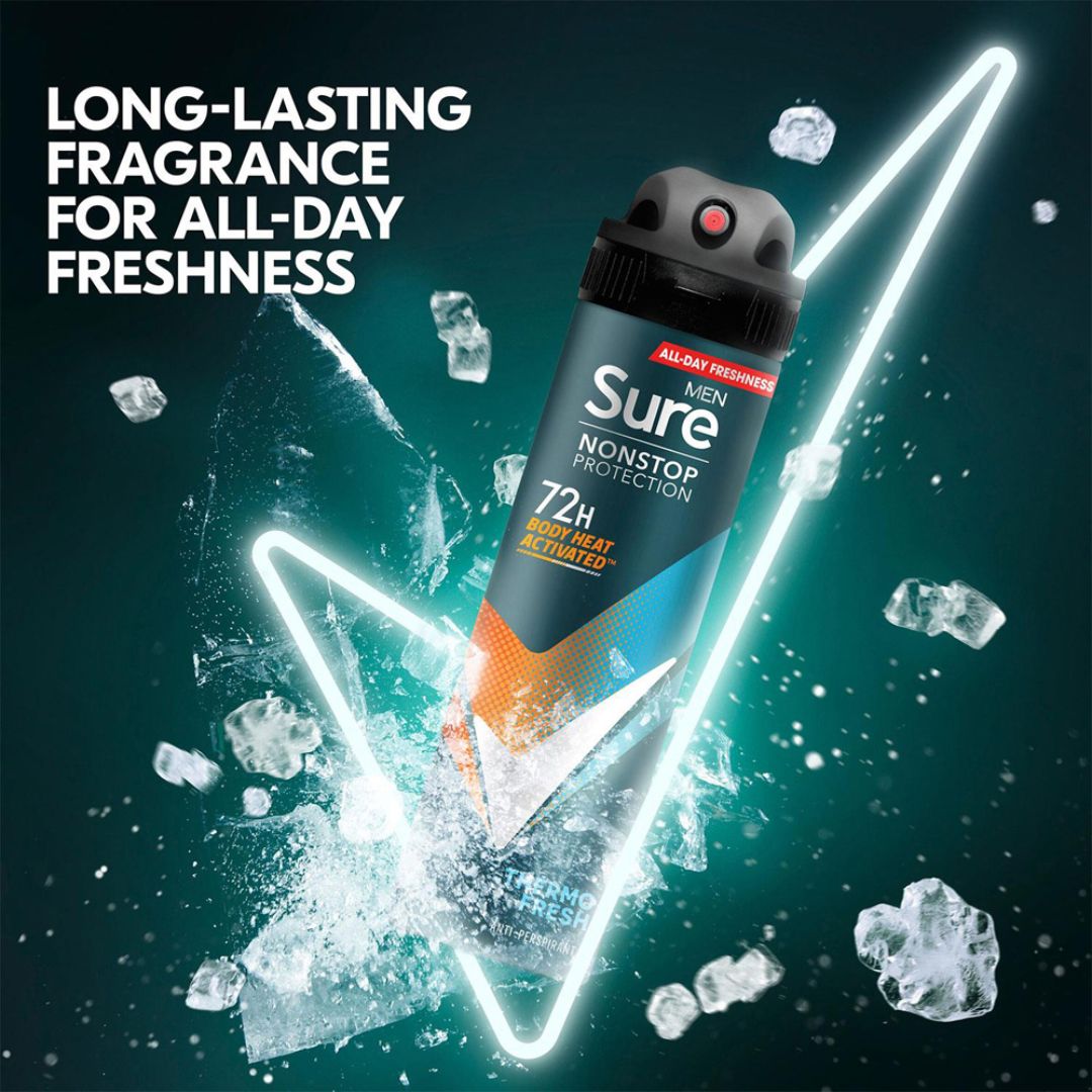 Sure Men Thermo Fresh 72H Anti-Perspirant 250ml on an icy dark background with the caption 'LONG-LASTING FRAGRANCE FOR ALL-DAY FRESHNESS' 