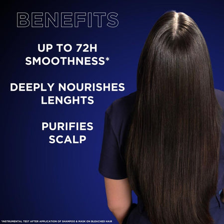 Person with long, straight hair against a blue background with text about hair product benefits.