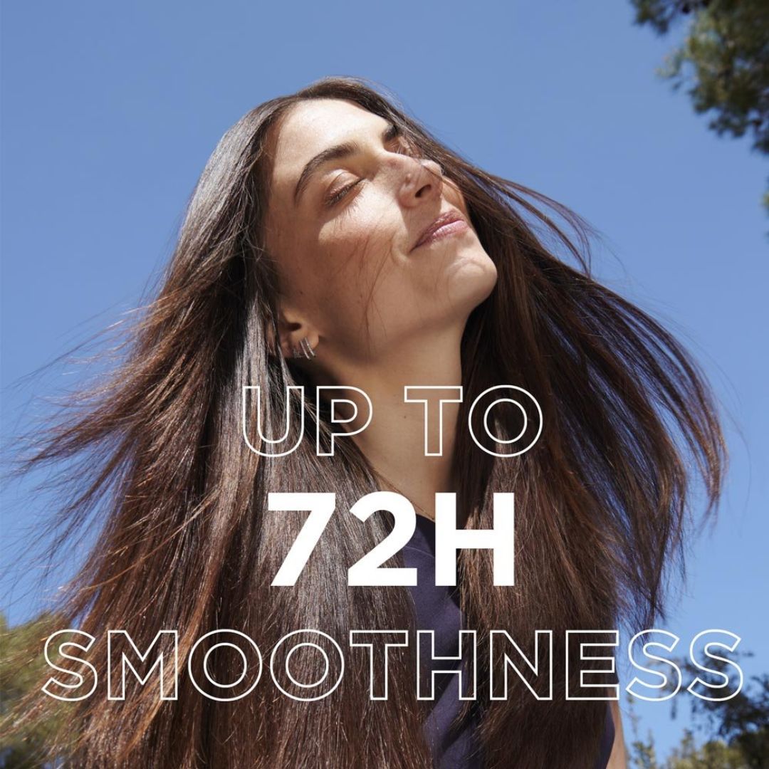 A woman with long dark brown hair looks upward against a bright blue sky, with large overlaid text reading 'UP TO 72H SMOOTHNESS'. No physical product is clearly visible, and the image functions as a promotional graphic rather than a clean product shot.