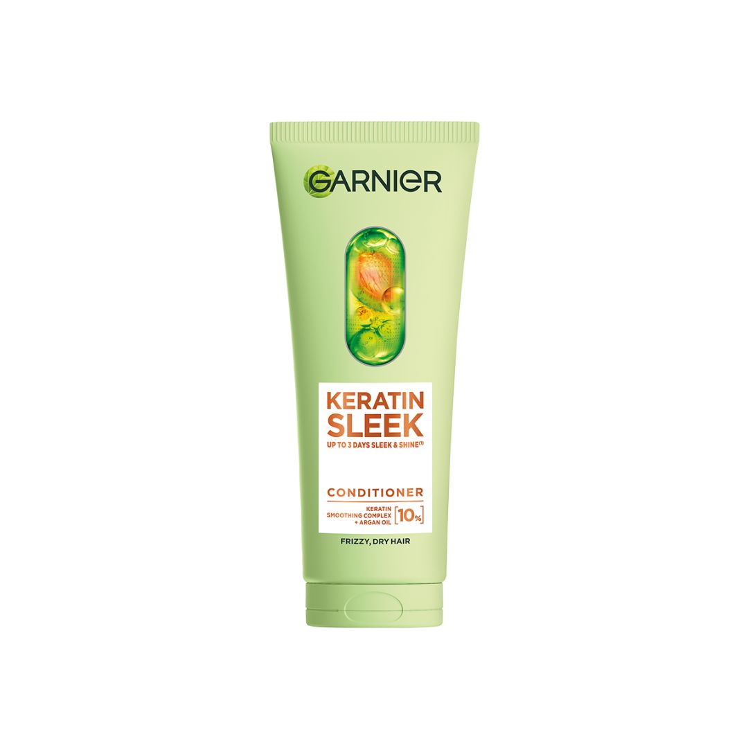Garnier Keratin Sleek Smoothing Conditioner container on a white background