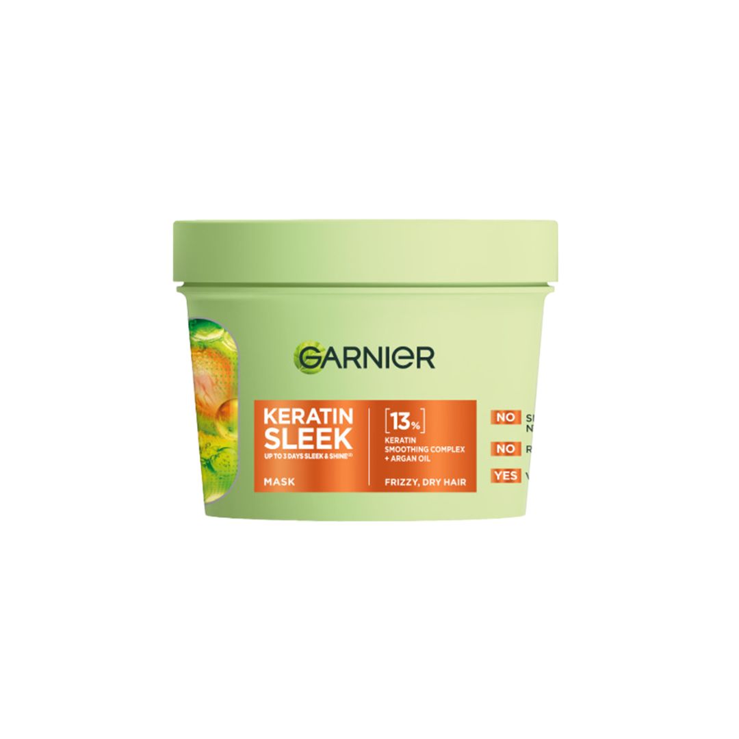 Garnier Keratin Sleek Hair Mask packaging on a white background