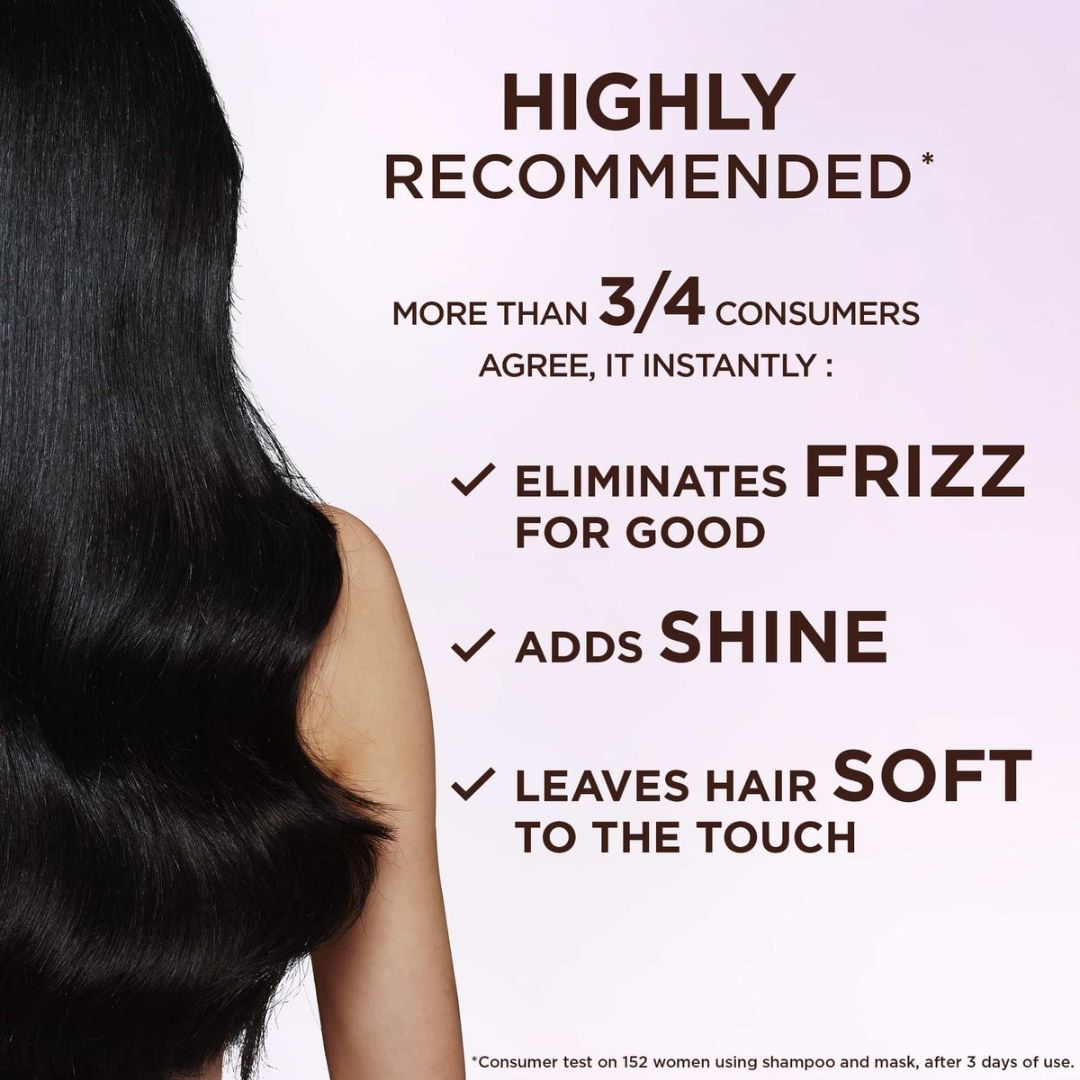 Advertisement for hair care product with text highlighting benefits and a person with smooth hair.