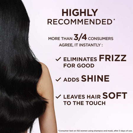 Advertisement for hair care product with text highlighting benefits and a person with smooth hair.