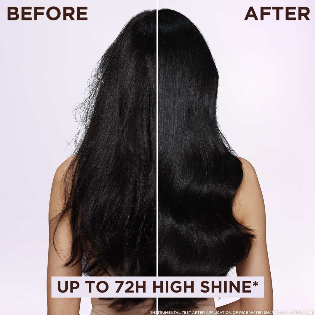 Before and after comparison of long black hair, showing frizzy, dry hair on the left labeled BEFORE, and shiny, smooth hair on the right labeled AFTER. Text at the bottom reads 'UP TO 72H HIGH SHINE'.