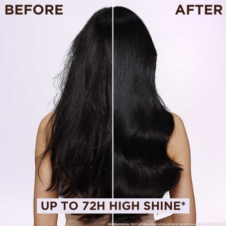 Before and after comparison of long black hair, showing frizzy, dry hair on the left labeled BEFORE, and shiny, smooth hair on the right labeled AFTER. Text at the bottom reads 'UP TO 72H HIGH SHINE'.