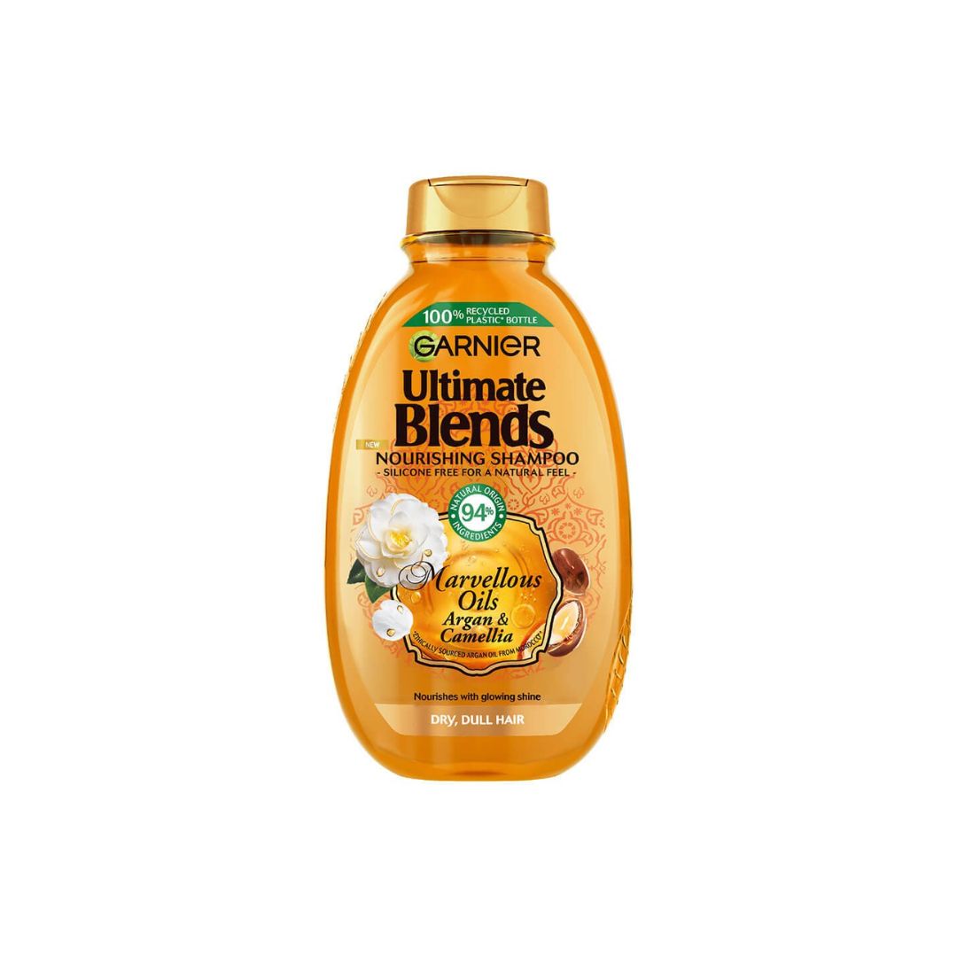Garnier Ultimate Blends Argan Oil & Camellia Oil Shampoo 400ml container on a white background