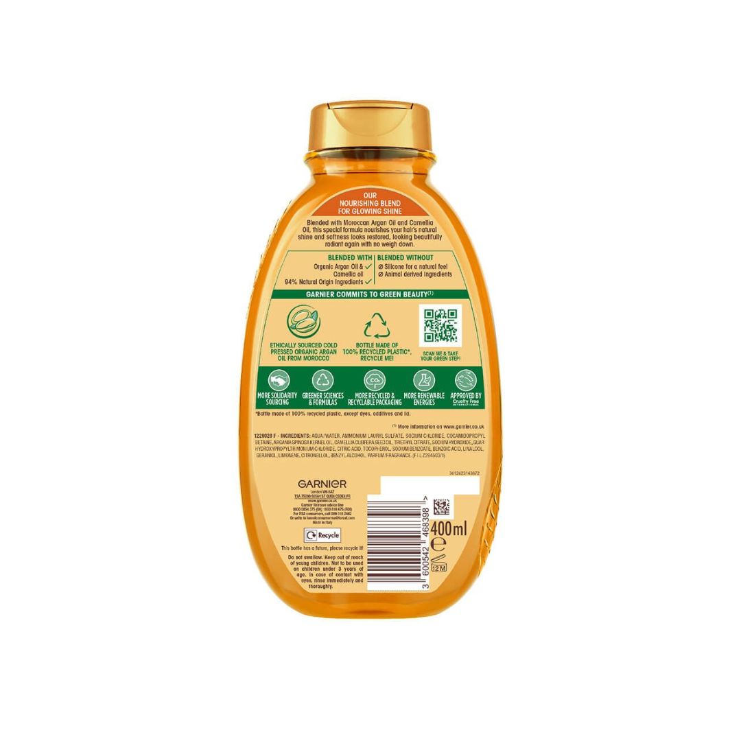 Garnier Ultimate Blends Argan Oil & Camellia Oil Shampoo 400ml container (rear angle) on a white background