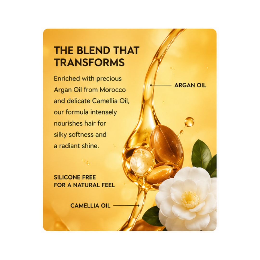 Garnier Ultimate Blends Argan Oil & Camellia Oil Shampoo 'THE BLEND THAT TRANSFORMS' graphic on a golden background