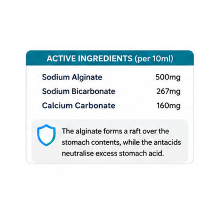 Gaviscon Liquid Aniseed Oral Suspension 'ACTIVE INGREDIENTS' chart on a white background