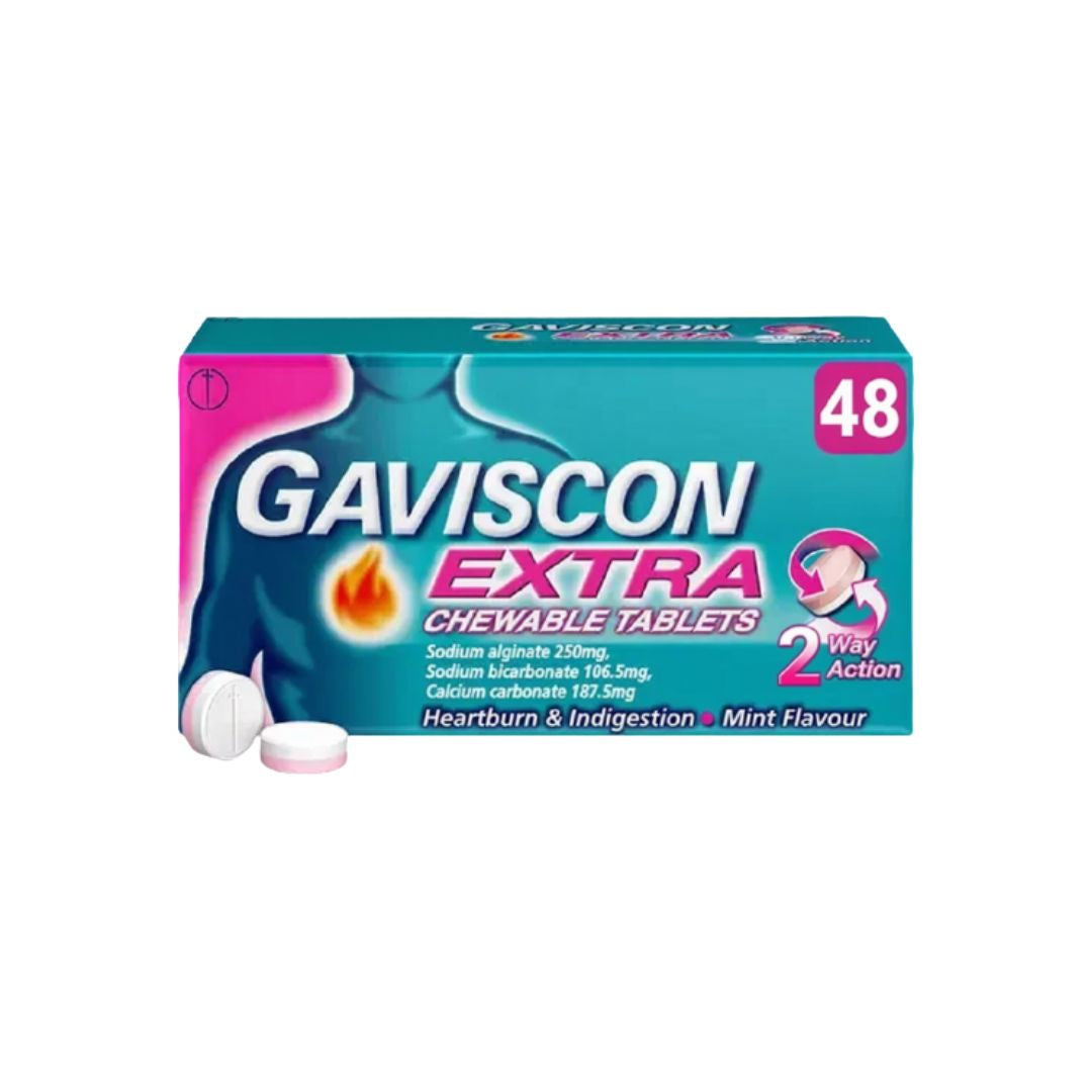 Gaviscon Extra Chewable Mint 48 tablets packaging on a white background