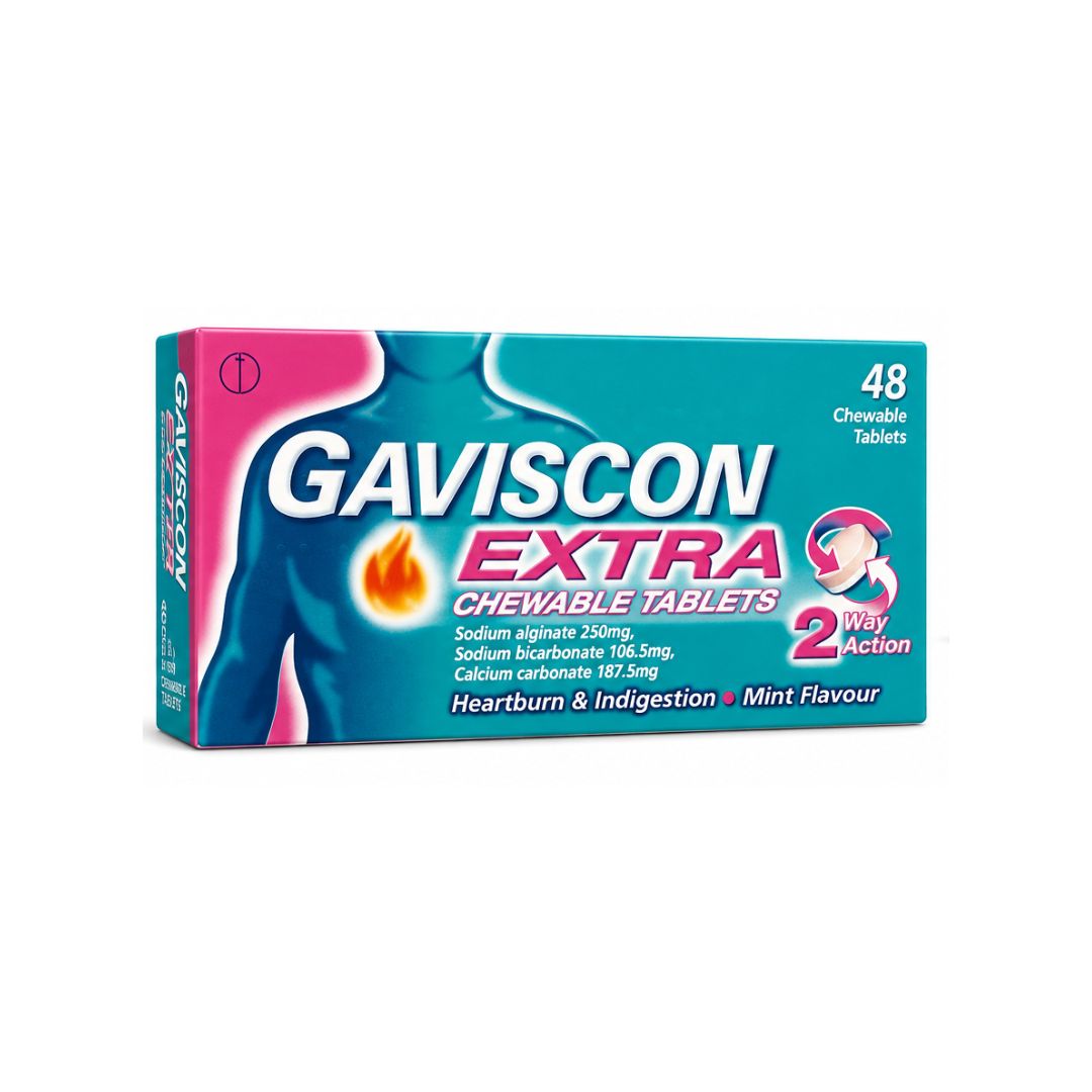 Gaviscon Extra Chewable Mint 48 tablets packaging (side angle) on a white background