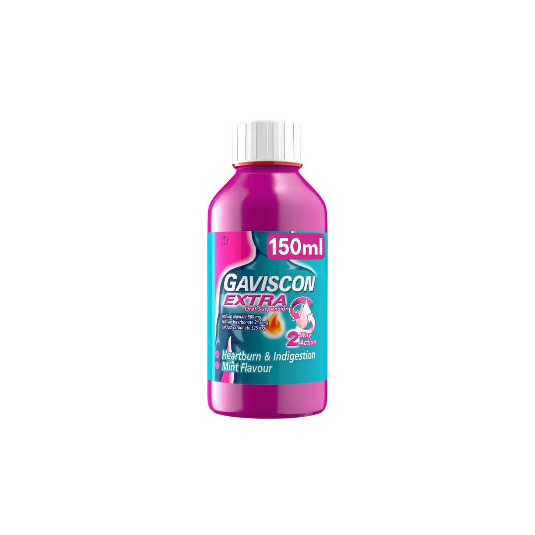 Gaviscon Extra Oral Suspension 150ml bottle on a white background