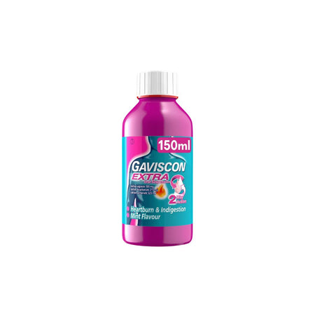 Gaviscon Extra Oral Suspension 150ml bottle on a white background