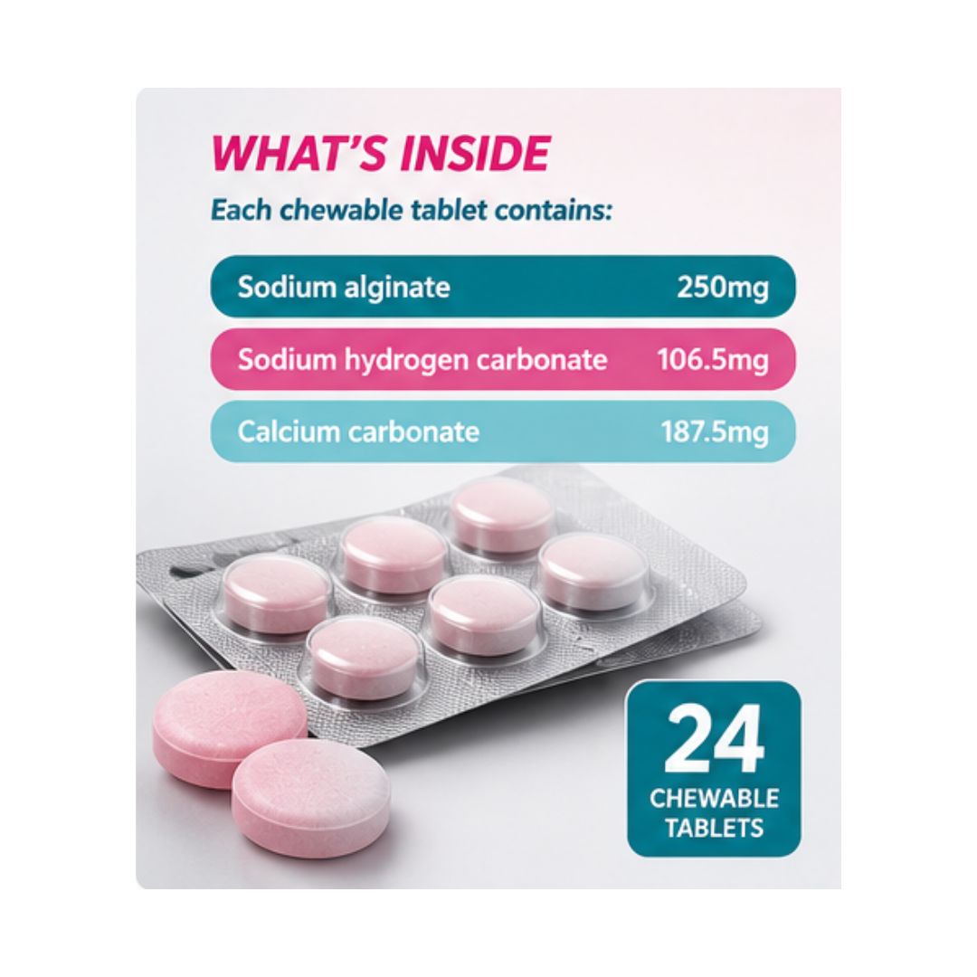 Gaviscon Extra Mixed Berries 'WHATS INSIDE' graphic on a light grey background