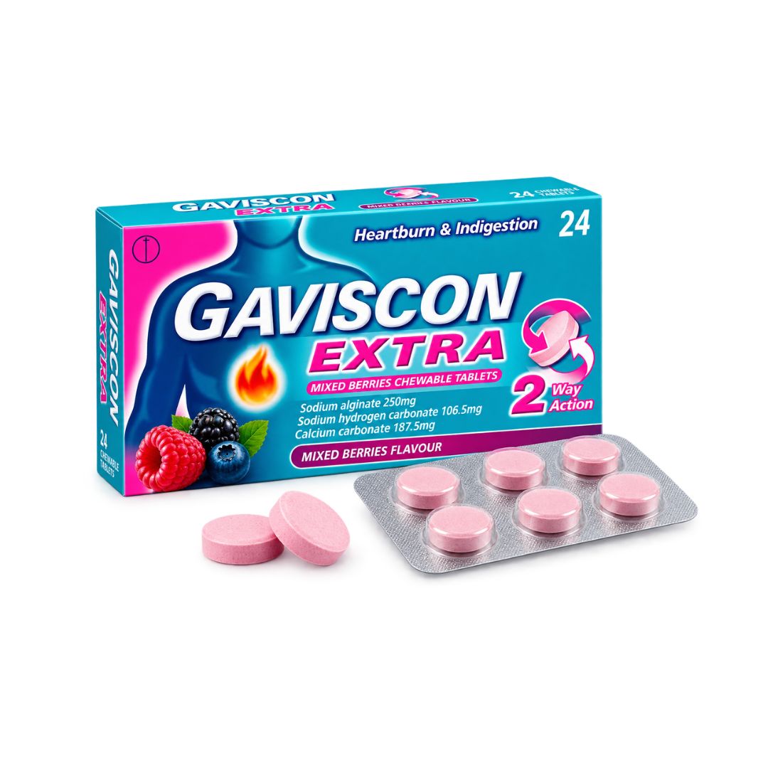 Gaviscon Extra Mixed Berries packaging on a white background