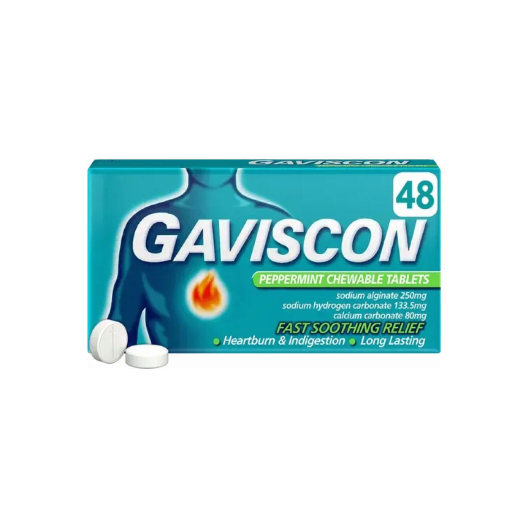 Gaviscon Peppermint Chewable 48 Tablets packaging and two tablets on a white background