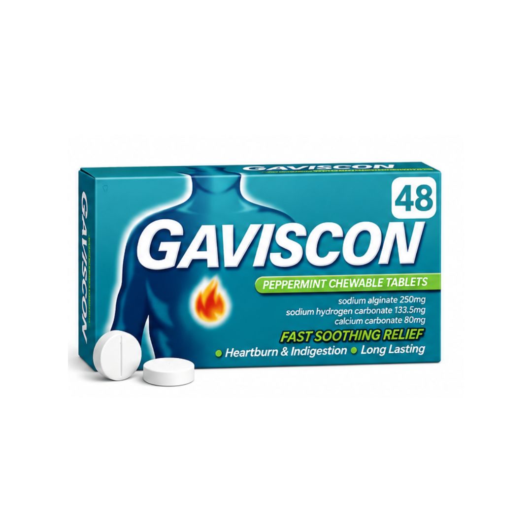 Gaviscon Peppermint Chewable 48 Tablets packaging and two tablets on a white background