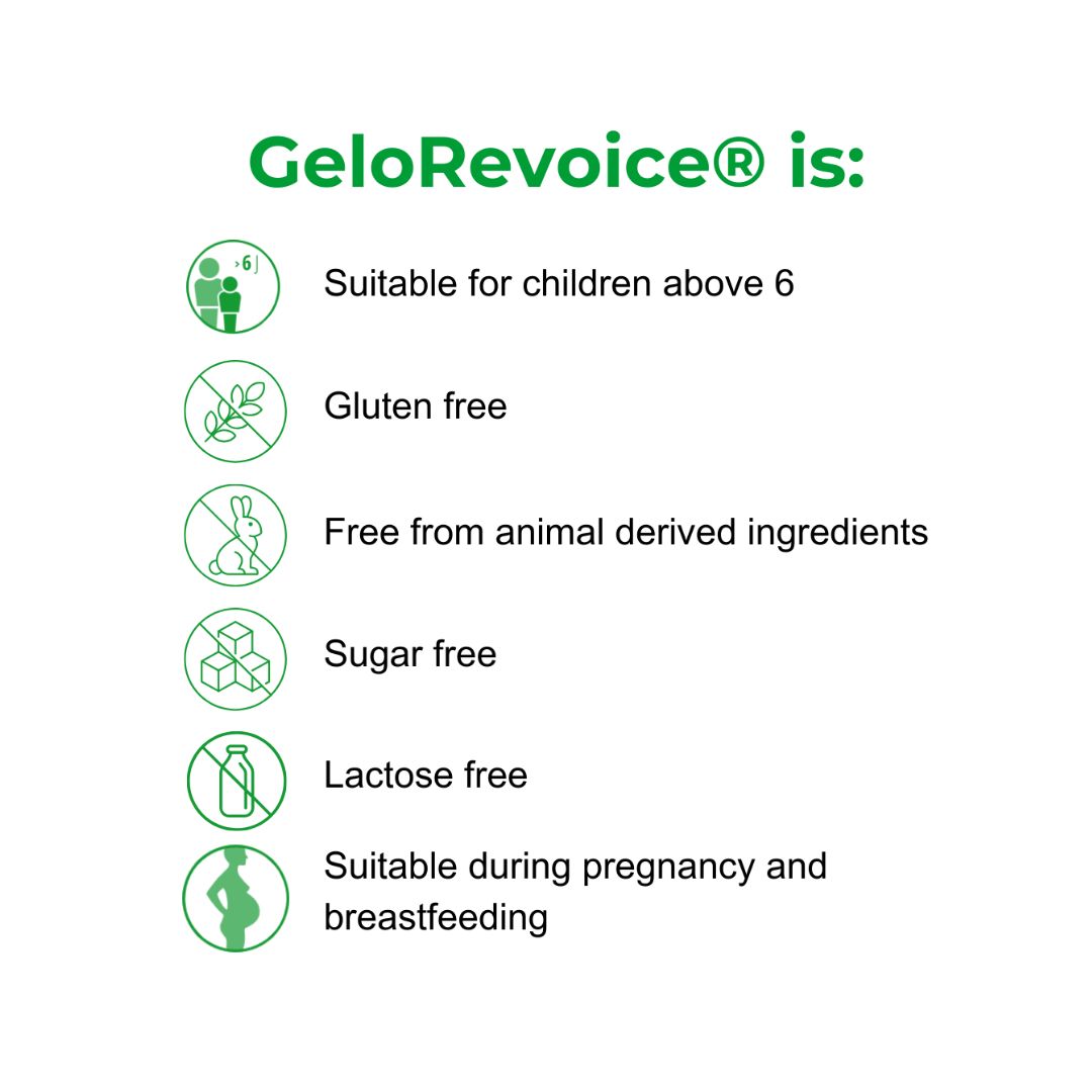 GeloRevoice Cherry 20 Lozenges product information graphic on a white background