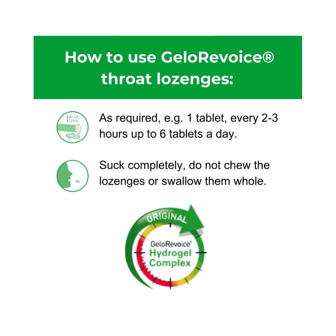 GeloRevoice Cherry 20 Lozenges 'How to use' graphic on a white background