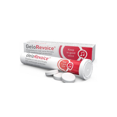 GeloRevoice Cherry 20 Lozenges packaging and container on a white background