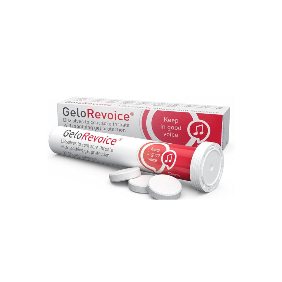 GeloRevoice Cherry 20 Lozenges packaging and container on a white background