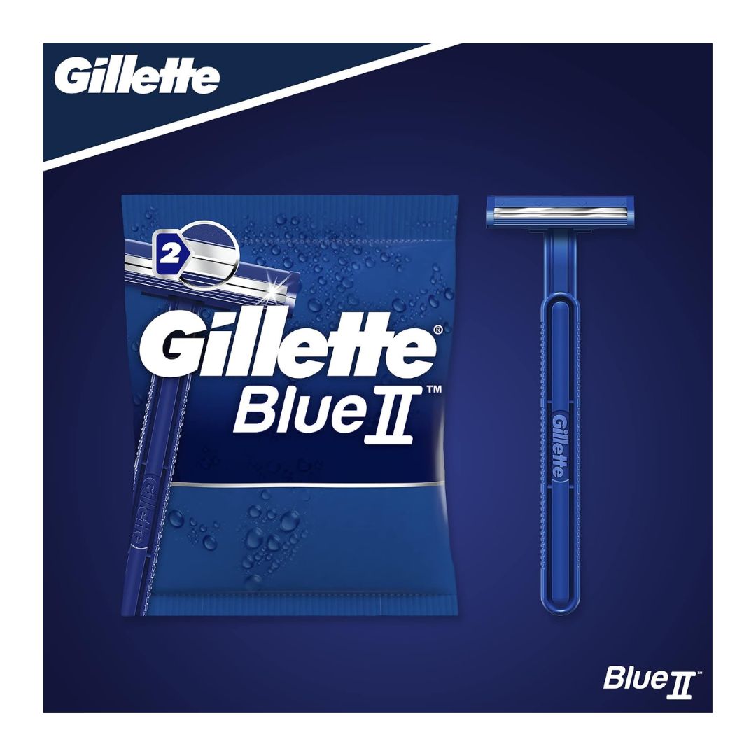 Gillette Blue II Disposable Razors 20 Pack and single razor on a navy blue background