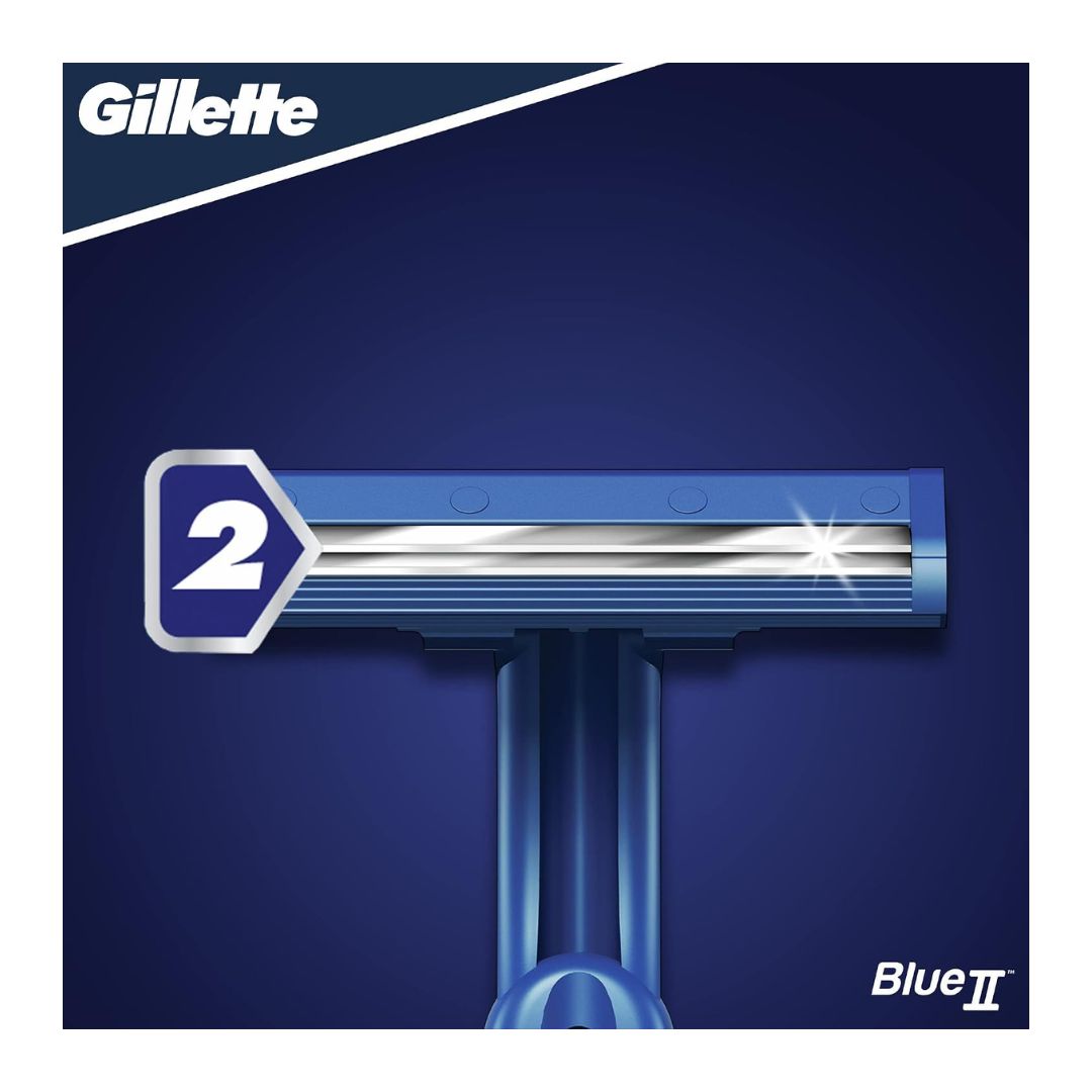 Gillette Blue II Disposable Razor superimposed imgae of the dual blade on a navy blue background
