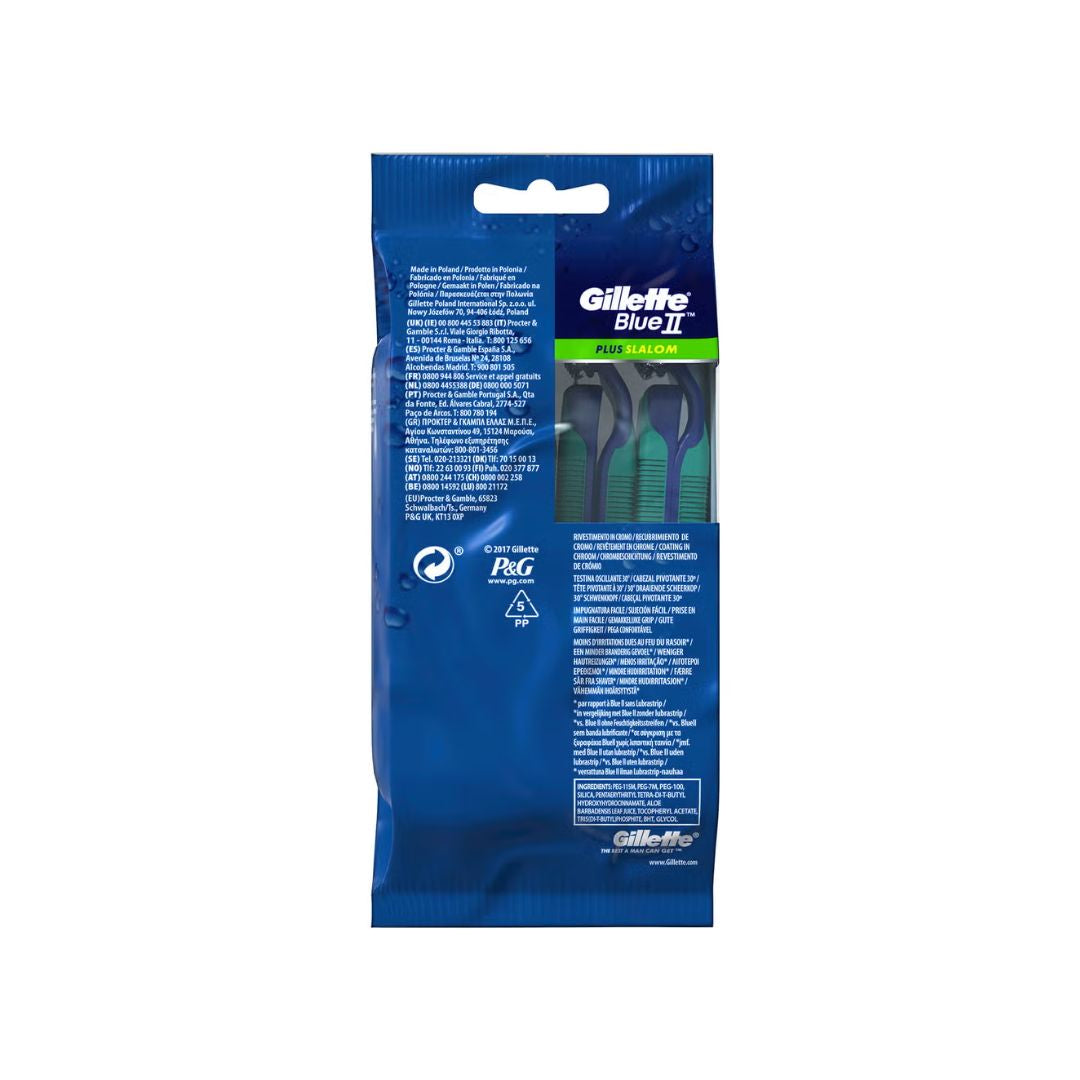 Gillette Blue II Plus Slalom Disposable Razors 4 Pack (rear angle) on a white background