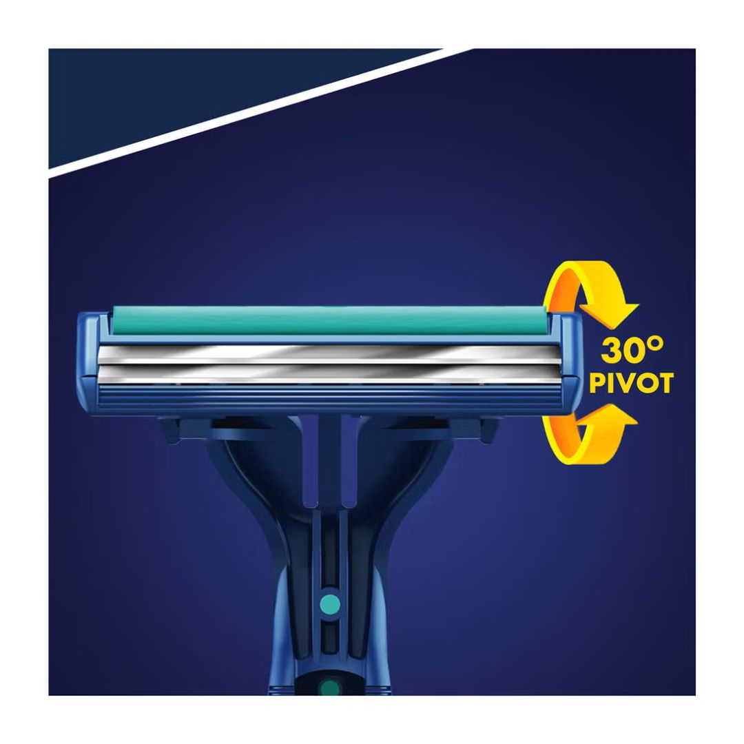 Gillette Blue II Plus Slalom Disposable Razor '30 pivot' graphic on a navy blue background