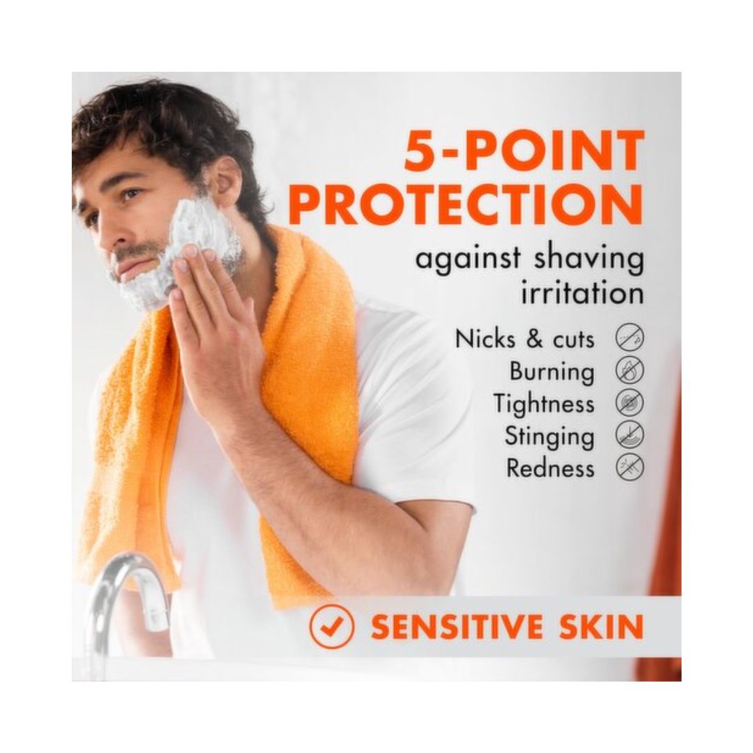 Gillette Fusion5 Sensitive Shave Gel Travel Size 75ml '5 POINT PROTECTION' graphic on a photo of a man shaving