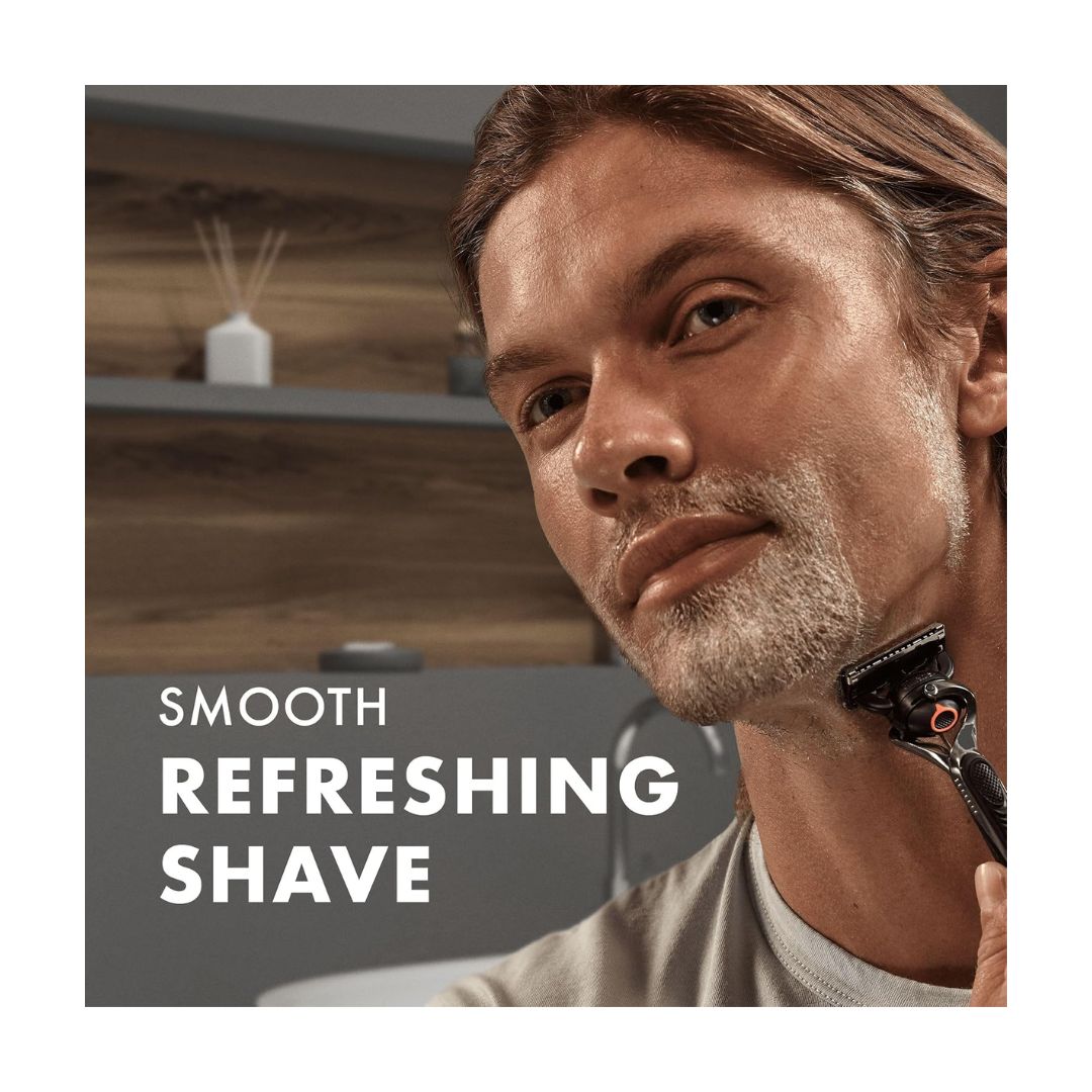 Gillette Fusion5 Sensitive Shave Gel image of a man shaving with the caption 'SMOOTH REFRESHING SHAVE