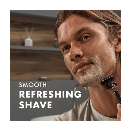 Gillette Fusion5 Sensitive Shave Gel image of a man shaving with the caption 'SMOOTH REFRESHING SHAVE