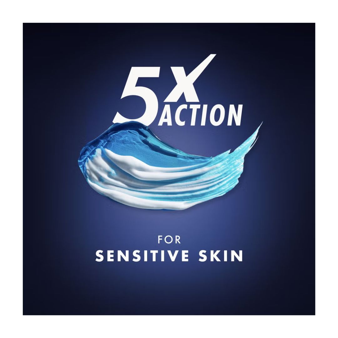 Gillette Fusion5 Sensitive Shave Gel '5x ACTION FOR SENSITIVE SKIN' graphic on a navy blue background