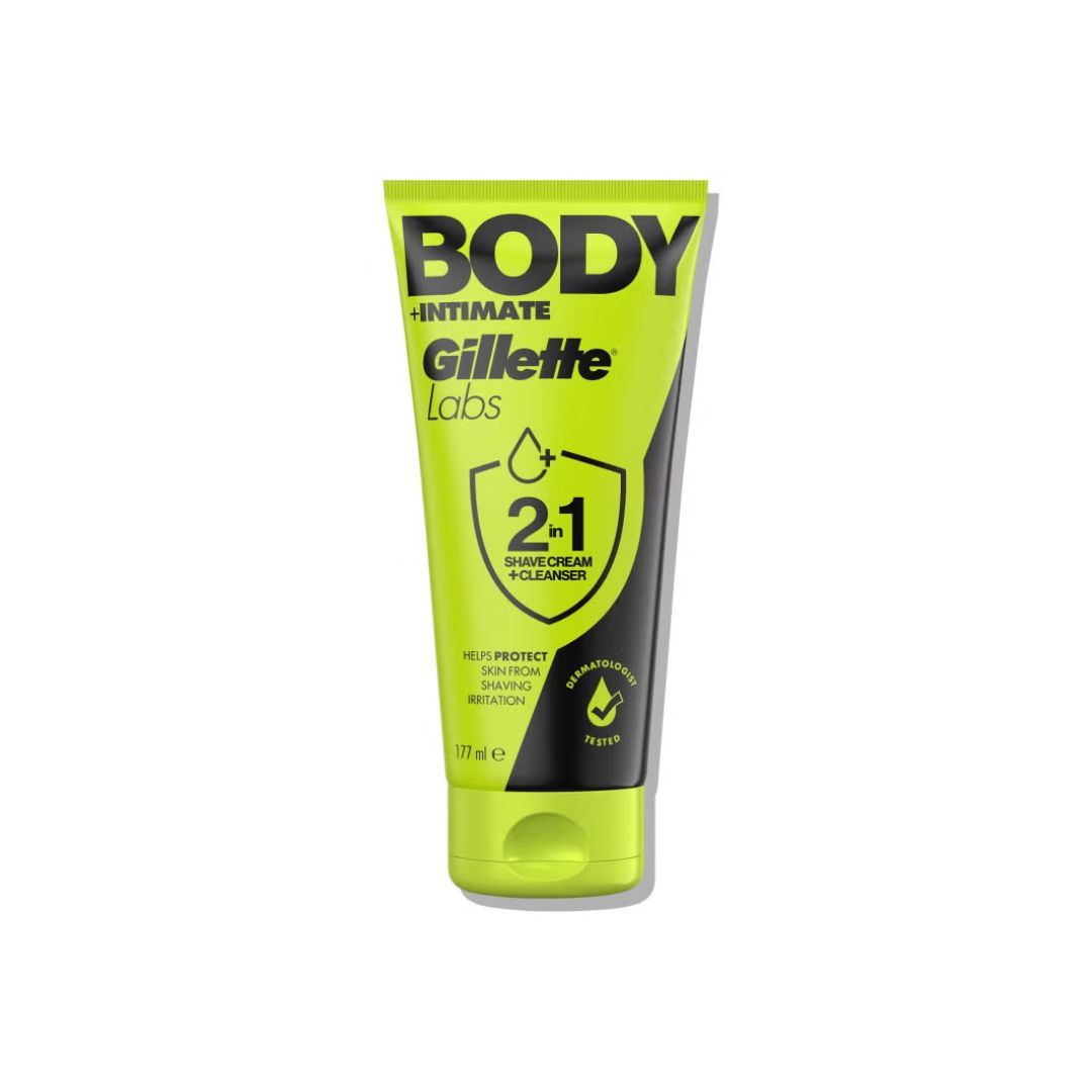 Gillette Labs Body Intimate 2-in-1 Shave Cream Cleaner in a squeeze tube, featuring a bright lime green and black design on a white background.