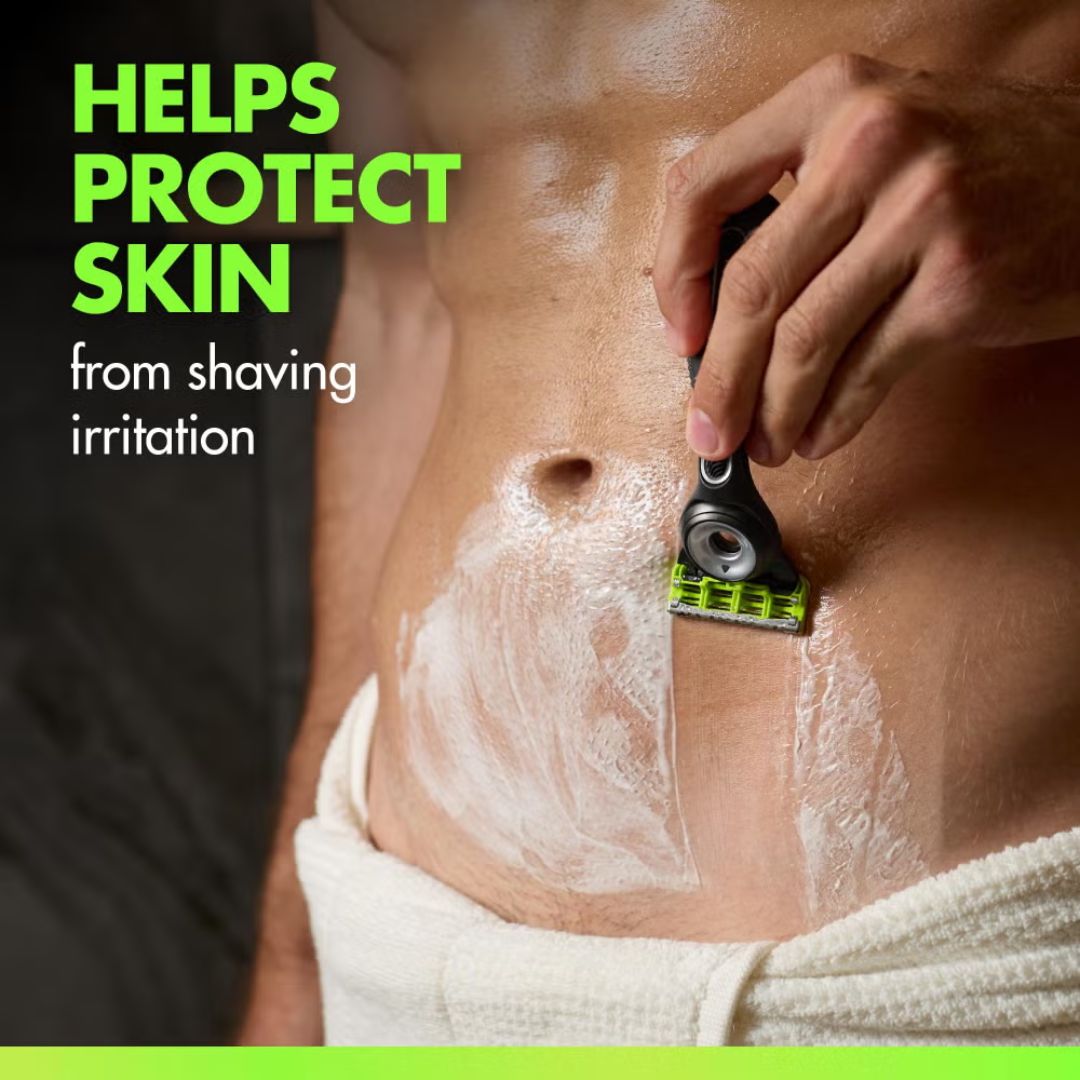 Person shaving their stomach with a razor, applying cream, and text about skin protection.