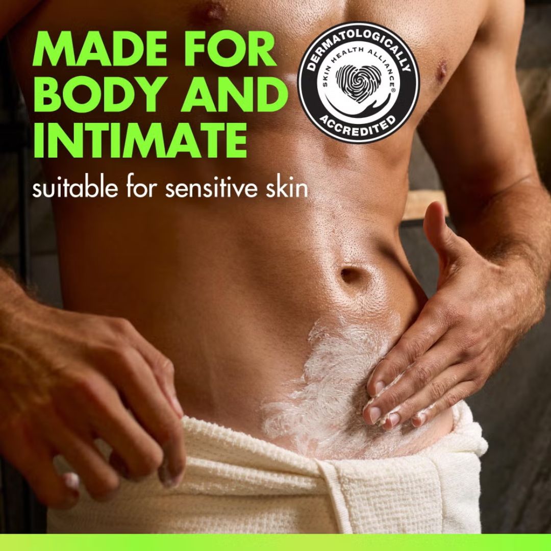 Close-up of a man's lower torso with white cream applied to his groin area, wearing a white towel. Large green text reads 'MADE FOR BODY AND INTIMATE' and white text says 'suitable for sensitive skin'.