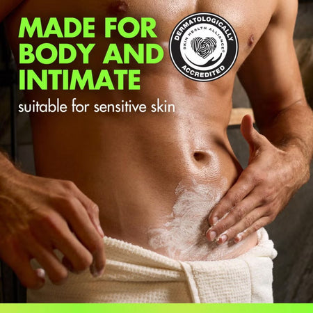 Close-up of a man's lower torso with white cream applied to his groin area, wearing a white towel. Large green text reads 'MADE FOR BODY AND INTIMATE' and white text says 'suitable for sensitive skin'.