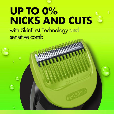 Green hair trimmer comb with text on a bright green background